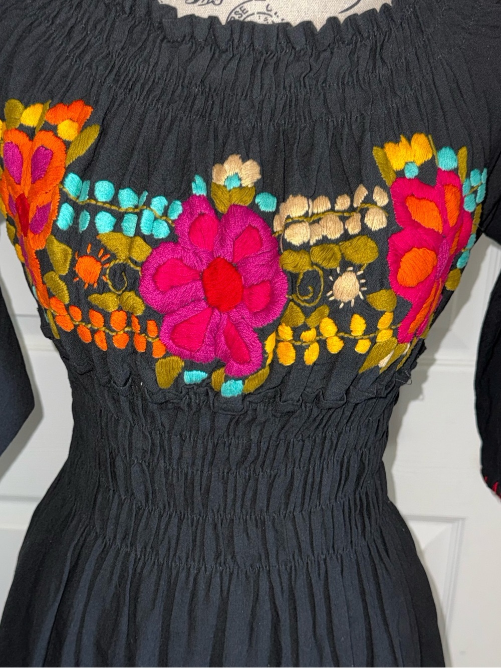 Handmade Embroidered Black Linen Cotton Dress Small Boho Floral - Picture 11 of 11